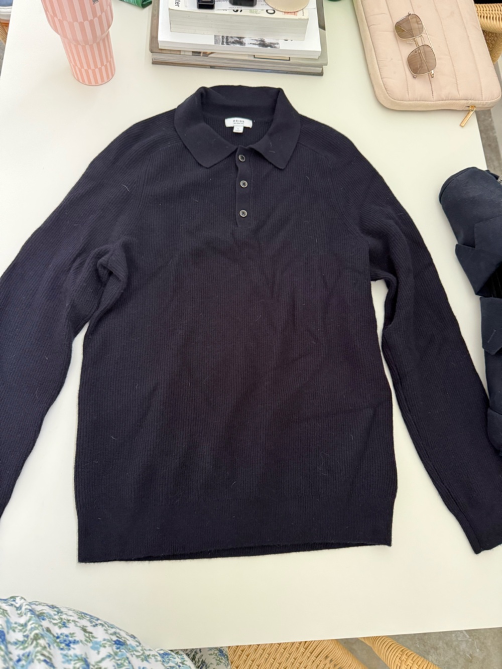 Reiss Navy Ribbed Merino Wool Sweater Top